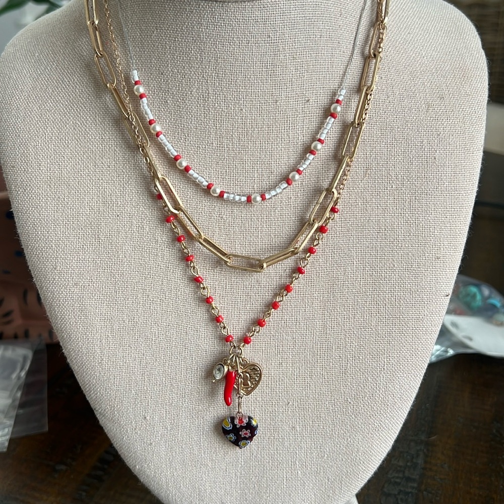 Gold and Red Layered Necklace Set